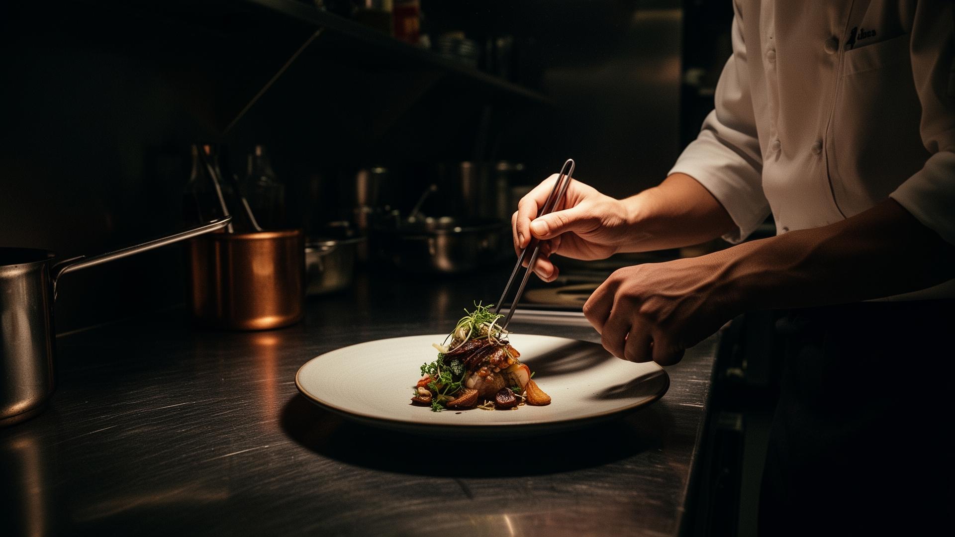 Chef professionnel dressant un plat dans une cuisine de restaurant